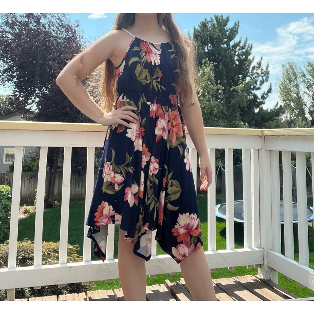 Floral Navy Dress with Pink Accents